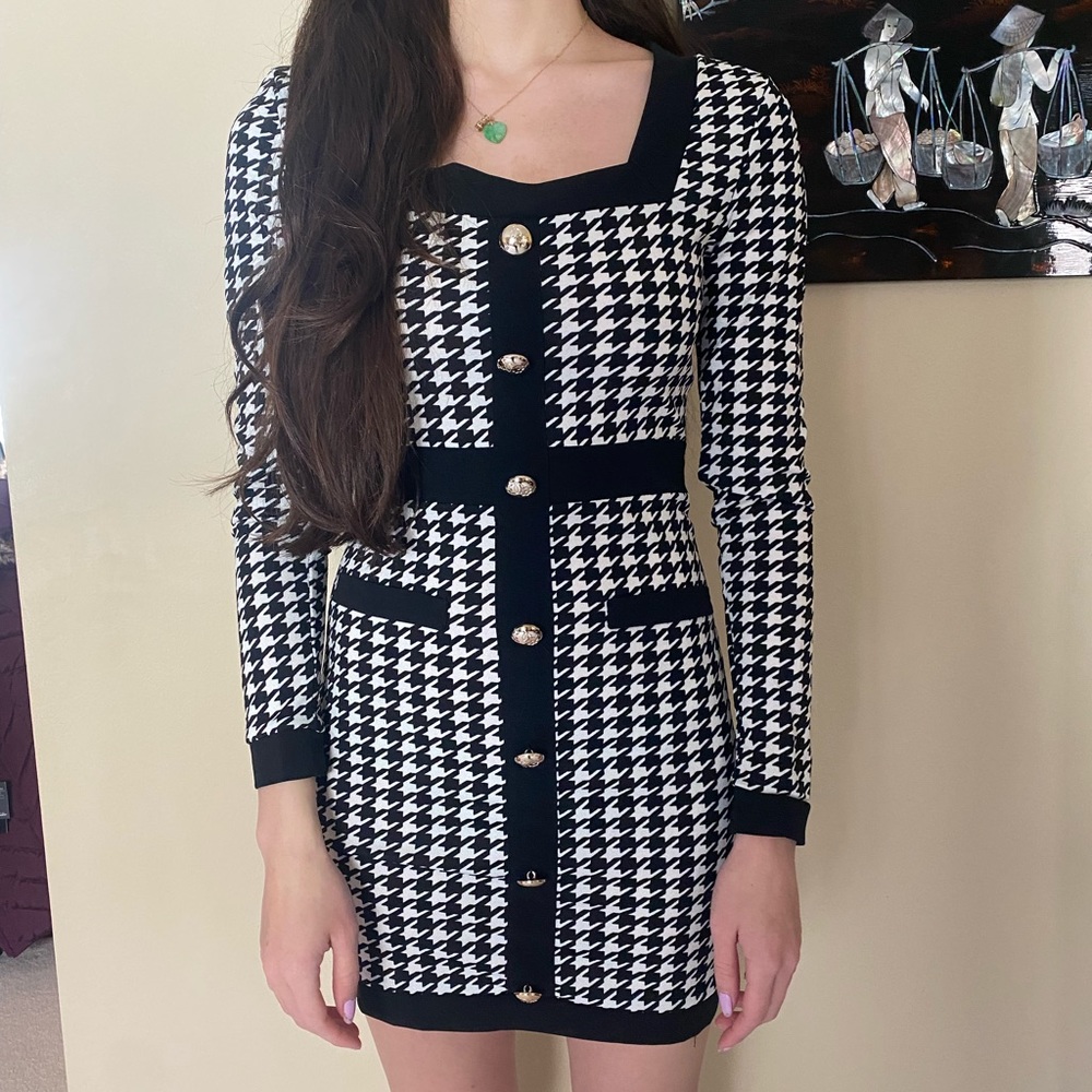 SHEIN Houndstooth Mini Dress in Black and White | Size XS